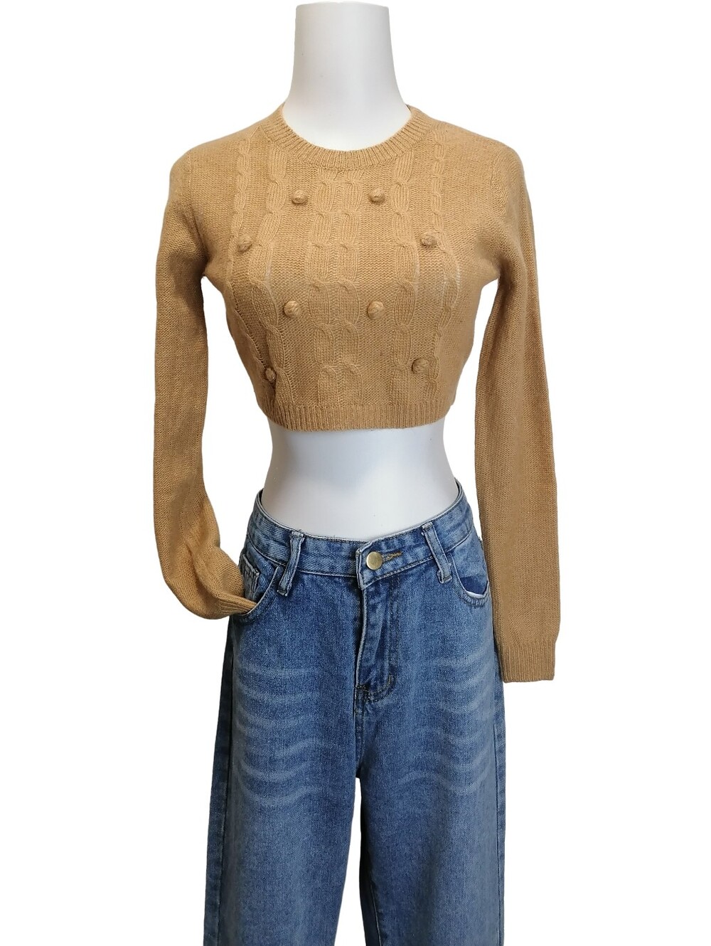 🐿🐿Cropped Cable-Knit Pom-Pom Sweater Top - Camel (B2G1 Free)